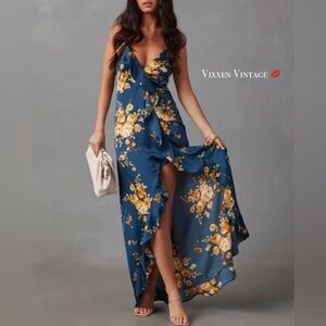 VICI 'CAPRICCIO SATIN FLORAL RUFFLE MAXI DRESS' IN DARK BLUE